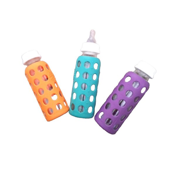 3 Lifefactory Glass 9oz. Baby Bottles w/Protective Silicone Sleeve, Flat Caps - Picture 1 of 6